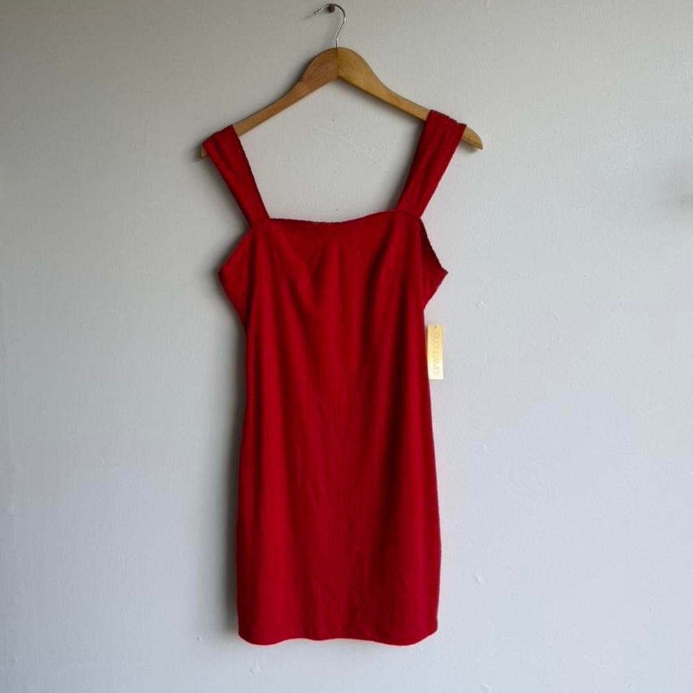 Red mini cotton dress with square neckline and straps
